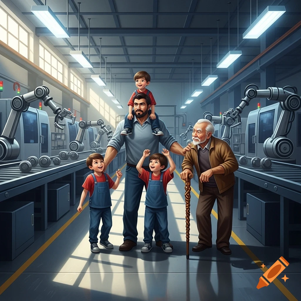 Illustrated family: a father with a son on shoulders, two sons, and a grandfather with a cane walk through a modern factory.