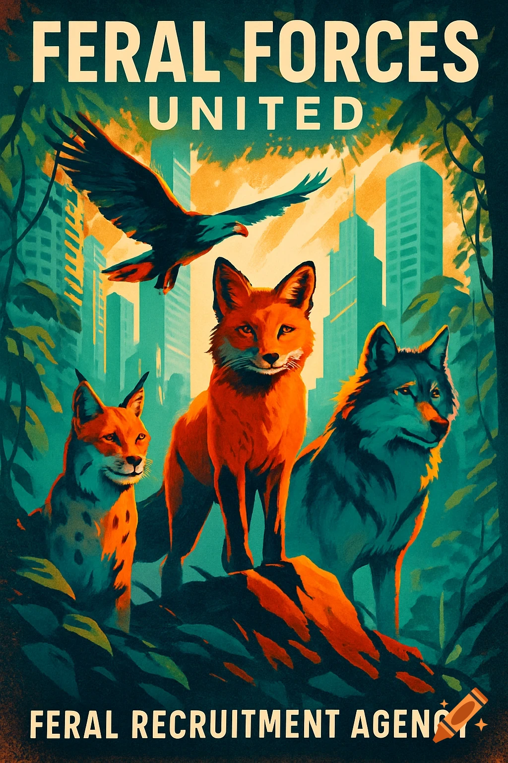 Poster art of a fox, lynx, wolf, and eagle in a jungle with a city skyline, featuring text 'Feral Forces United' and 'Feral Recruitment Agency'.
