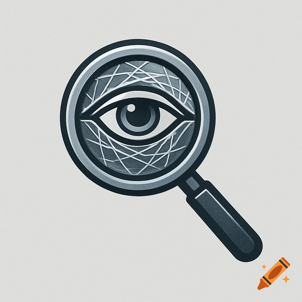A stylized logo featuring a magnifying glass with an eye and abstract lines, on a light gray background.