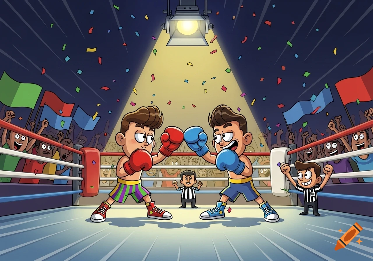 Two cartoon boys box in a ring with red and blue gloves, a referee, and cheering crowd under a spotlight with falling confetti.