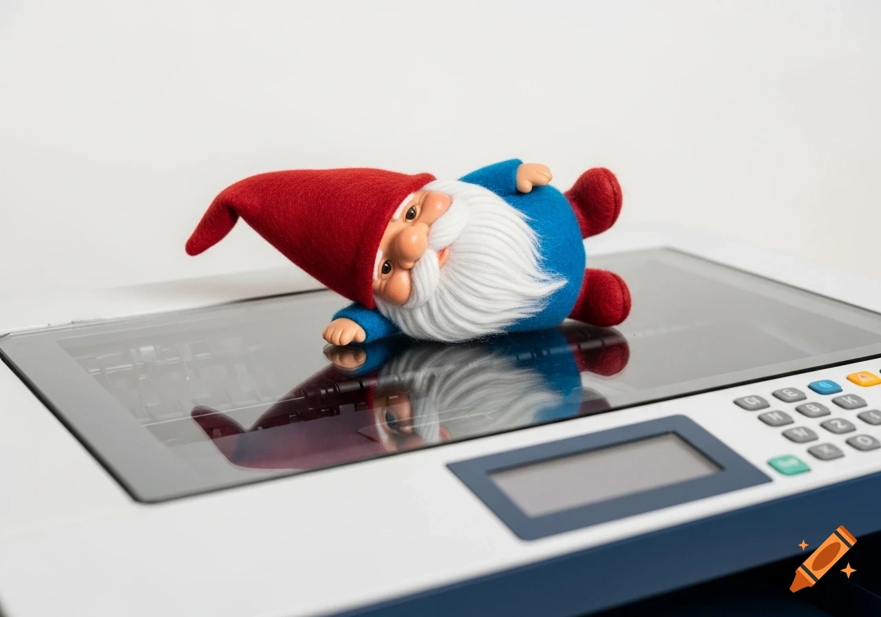 Photorealistic image of a garden gnome lying on its side on a photocopier, looking flattened against the glass.