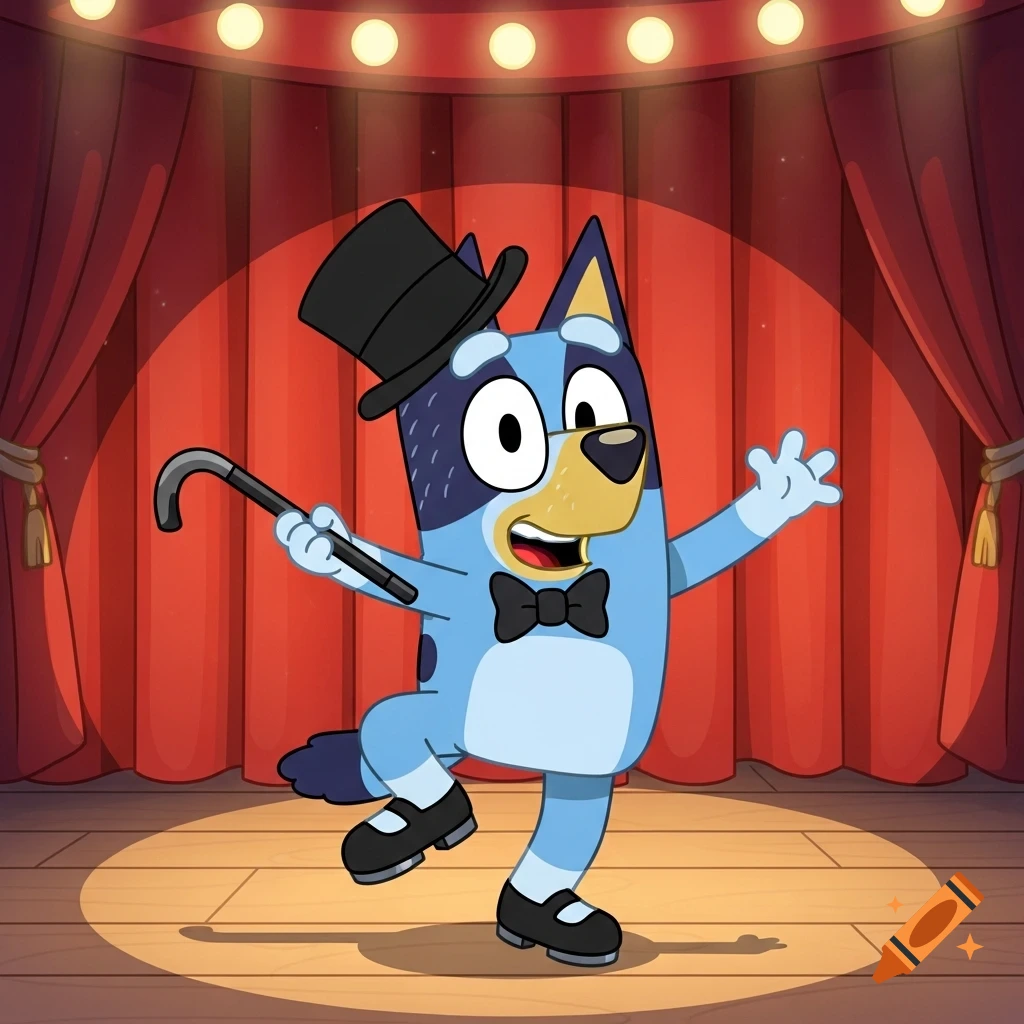 Bluey, a blue dog-like character, tap dancing on a stage, wearing a top hat, bow tie, and holding a cane.