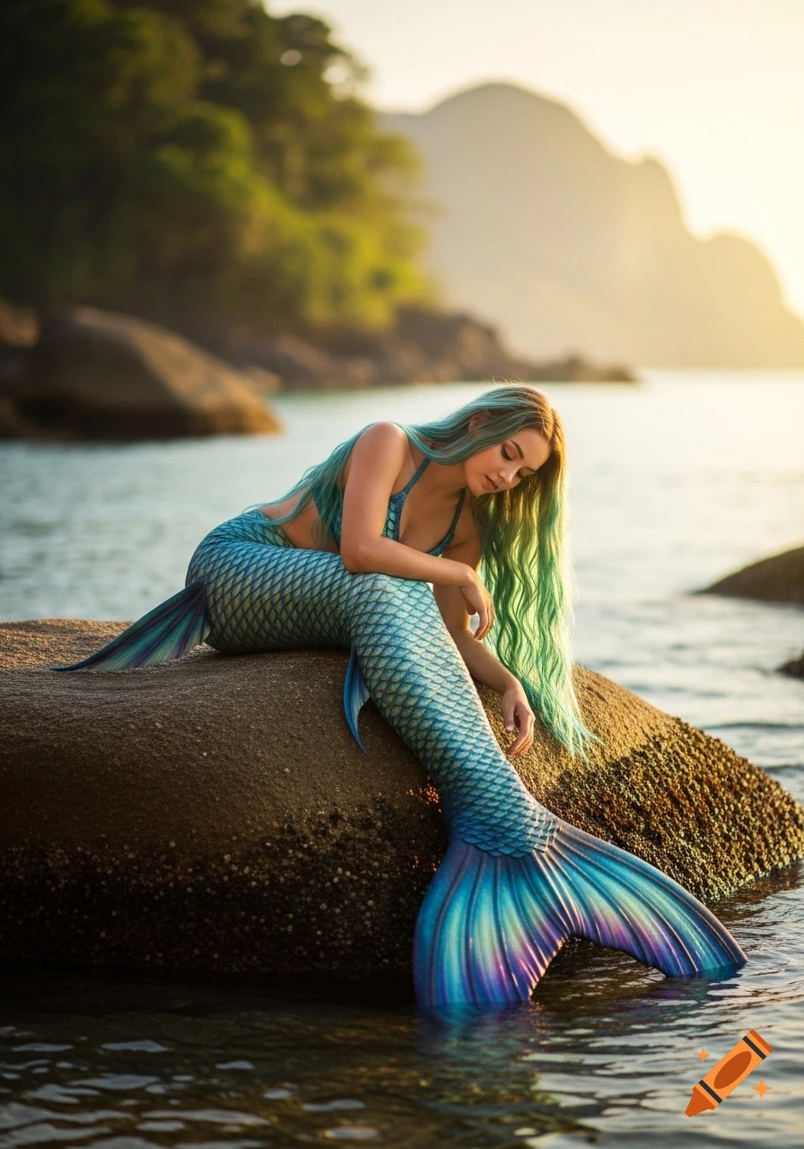 A mermaid with flowing teal hair and a shimmering blue and purple tail sits on a rock by the ocean at sunset.