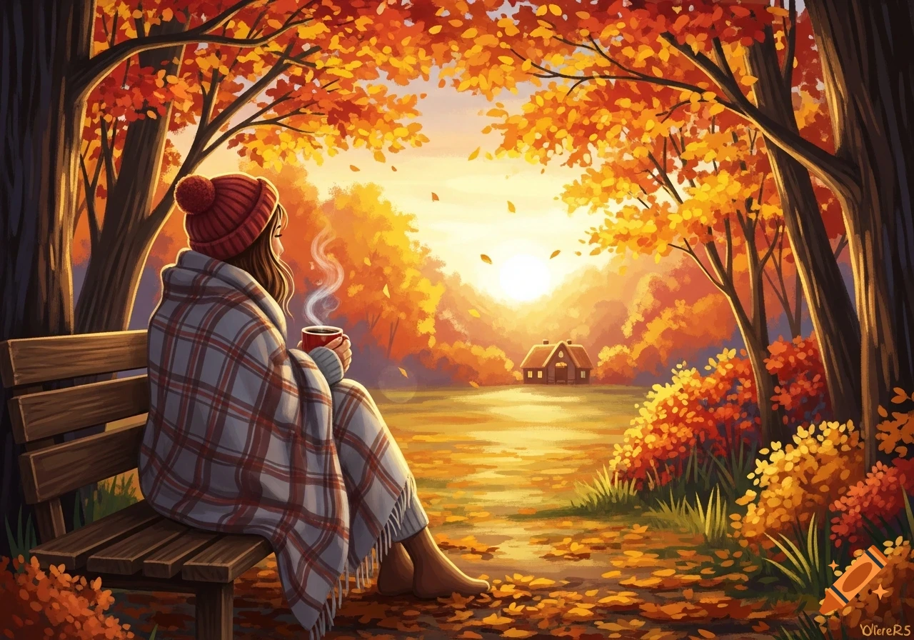 A person wrapped in a plaid blanket sits on a bench, holding a steaming mug, enjoying an autumn sunset in a forest with golden leaves and a distant cabin. Illustration.