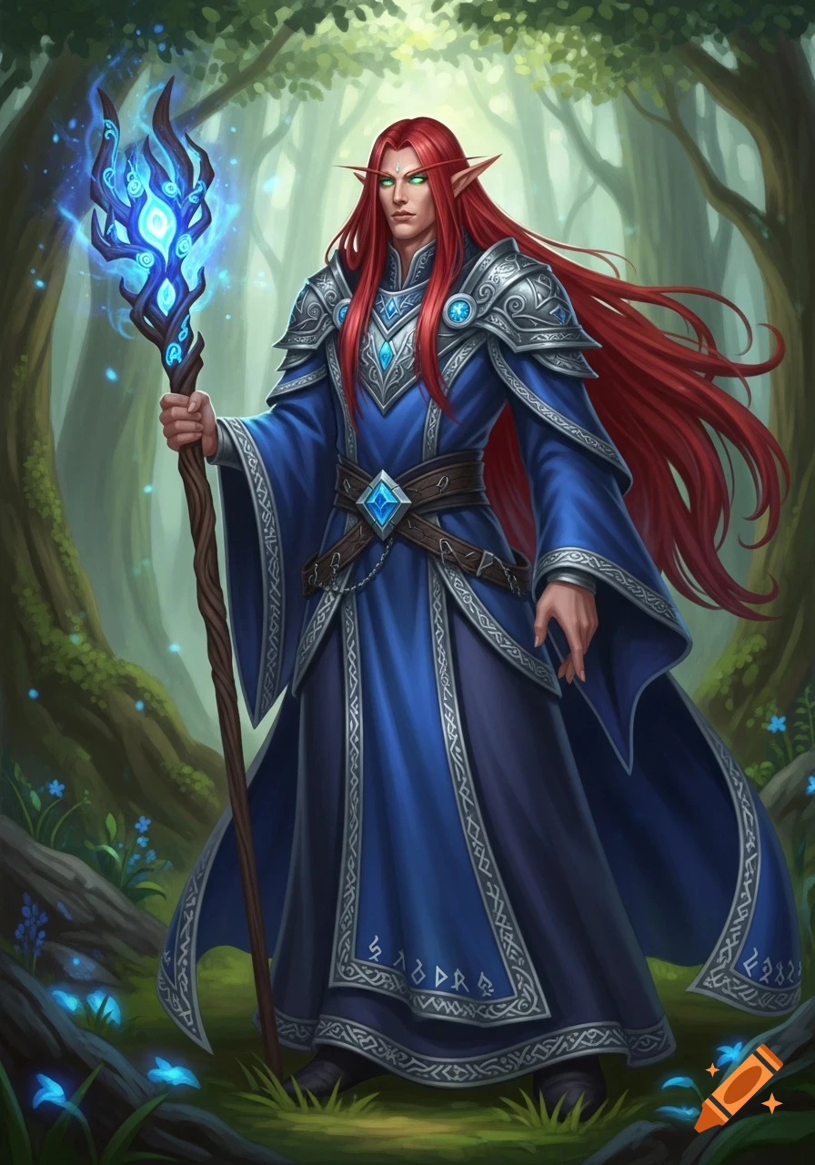A red-haired male high elf wizard in a blue robe holds a glowing magic staff in a magical forest.