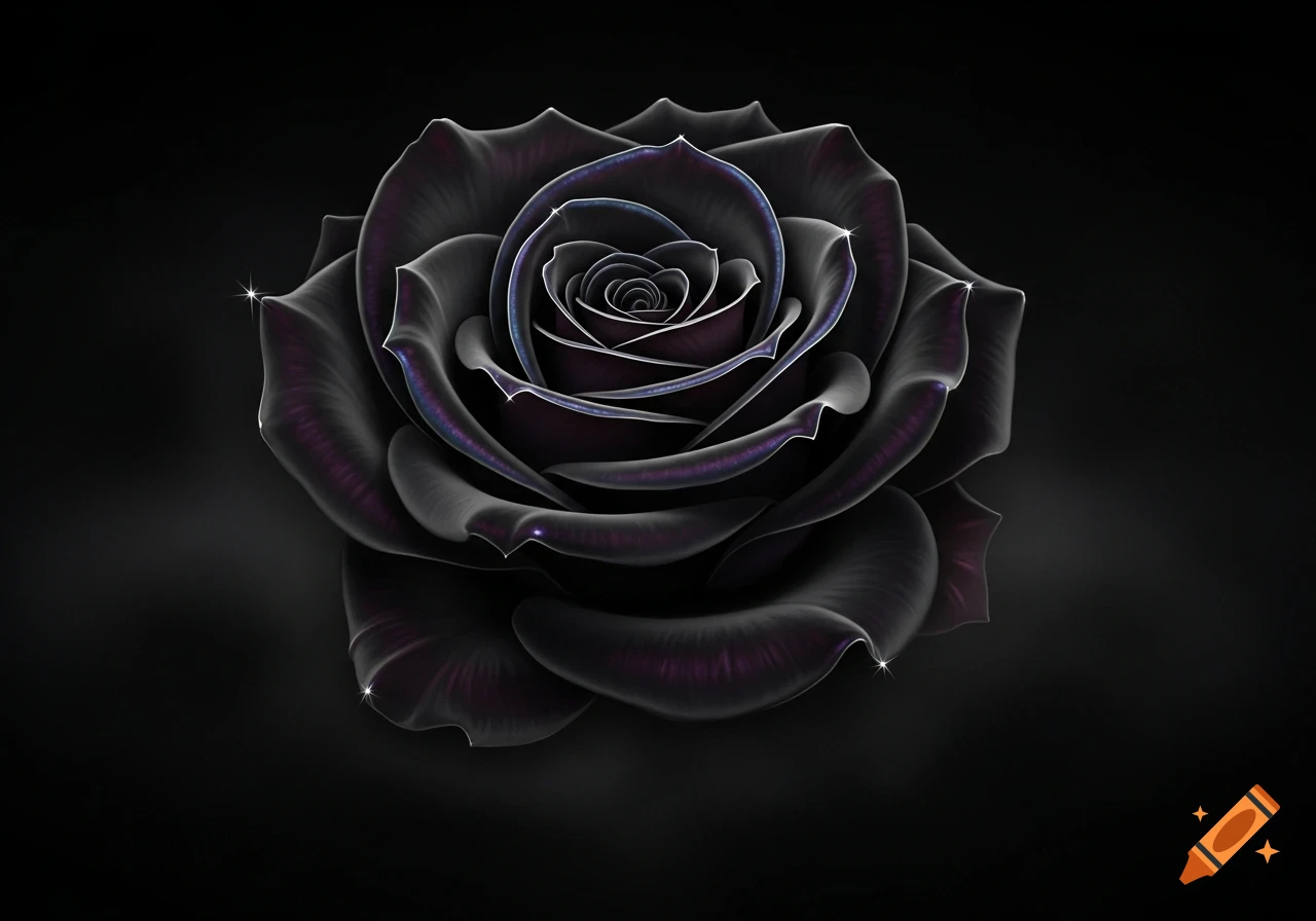 A highly stylized black rose with glowing blue and purple edges, centered against a dark black background.