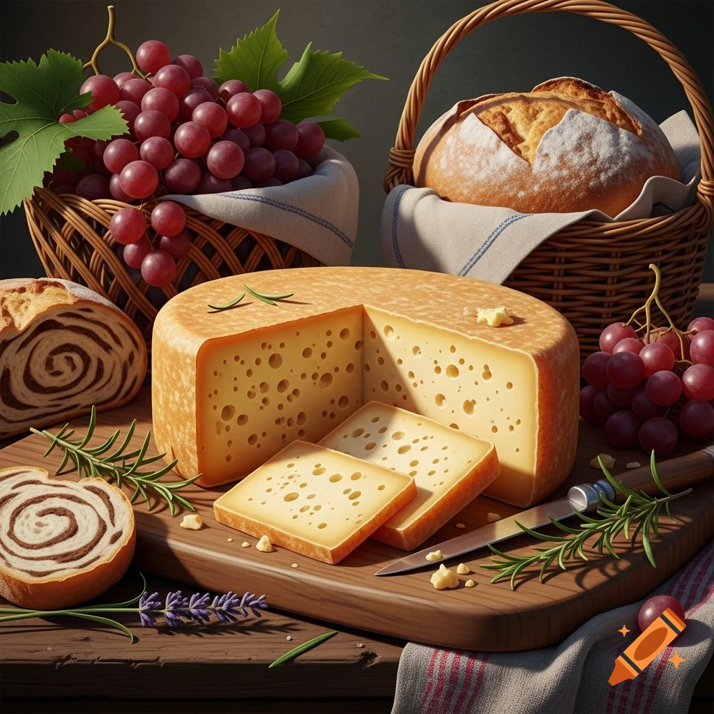 A photorealistic still life featuring a wheel of cheese with slices, fresh grapes, bread, and rosemary on a wooden board.