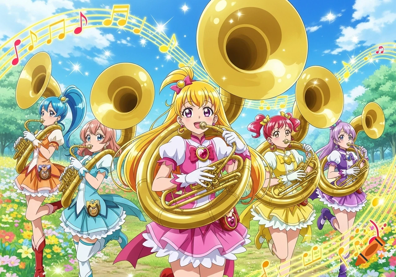 Five anime girls in colorful dresses play golden sousaphones in a vibrant flower field under a blue sky with musical notes.