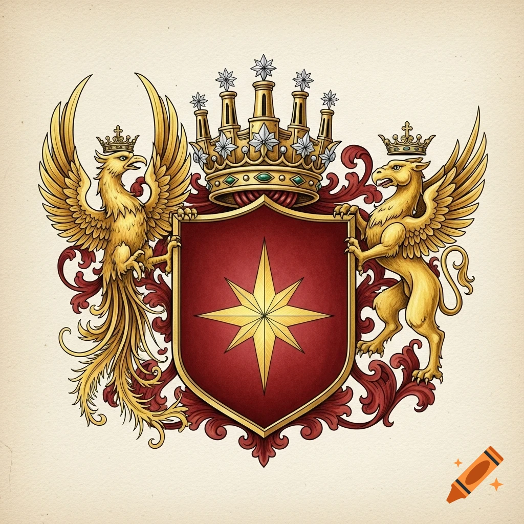 A majestic family crest in heraldic watercolor style, featuring a red shield with a gold star, flanked by a gold phoenix and griffin, crowned.