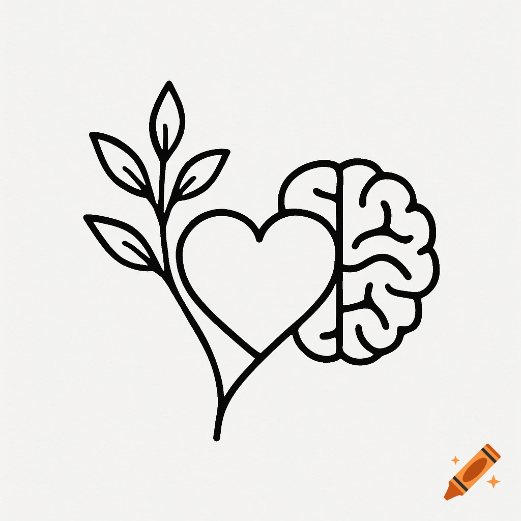 Minimalist black and white line art logo depicting a plant stem, a heart, and half a brain forming a single symbol.