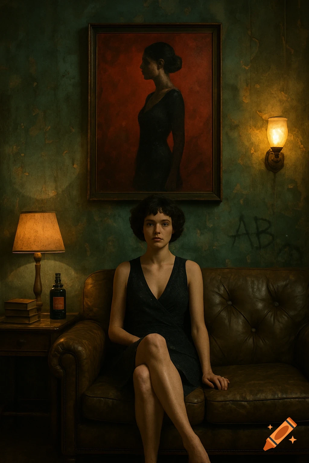 A young woman with short curly hair sits on a leather sofa, in a dimly lit room with a teal wall and a painting of a woman.