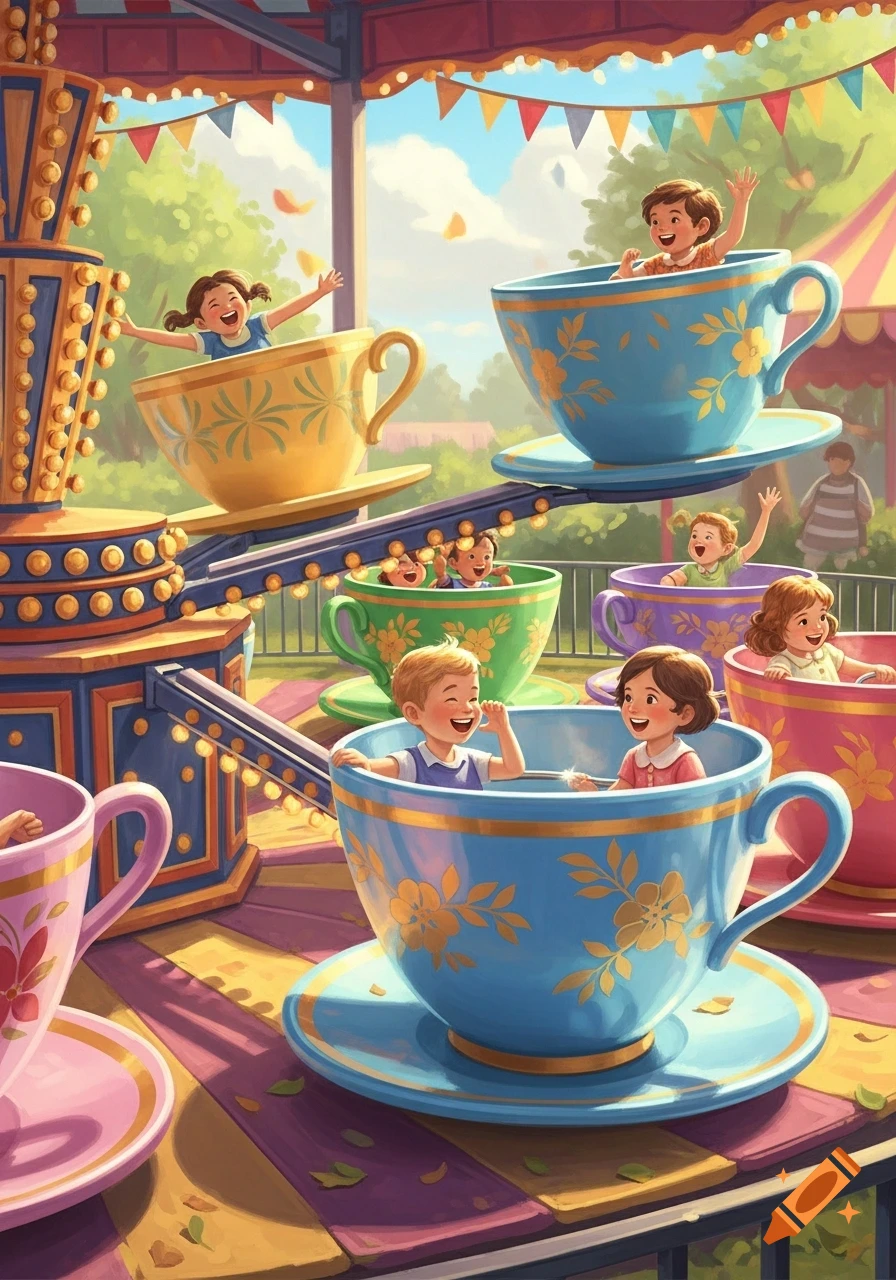 Smiling children ride colorful teacups at an amusement park under a sunny sky in a vibrant illustration.
