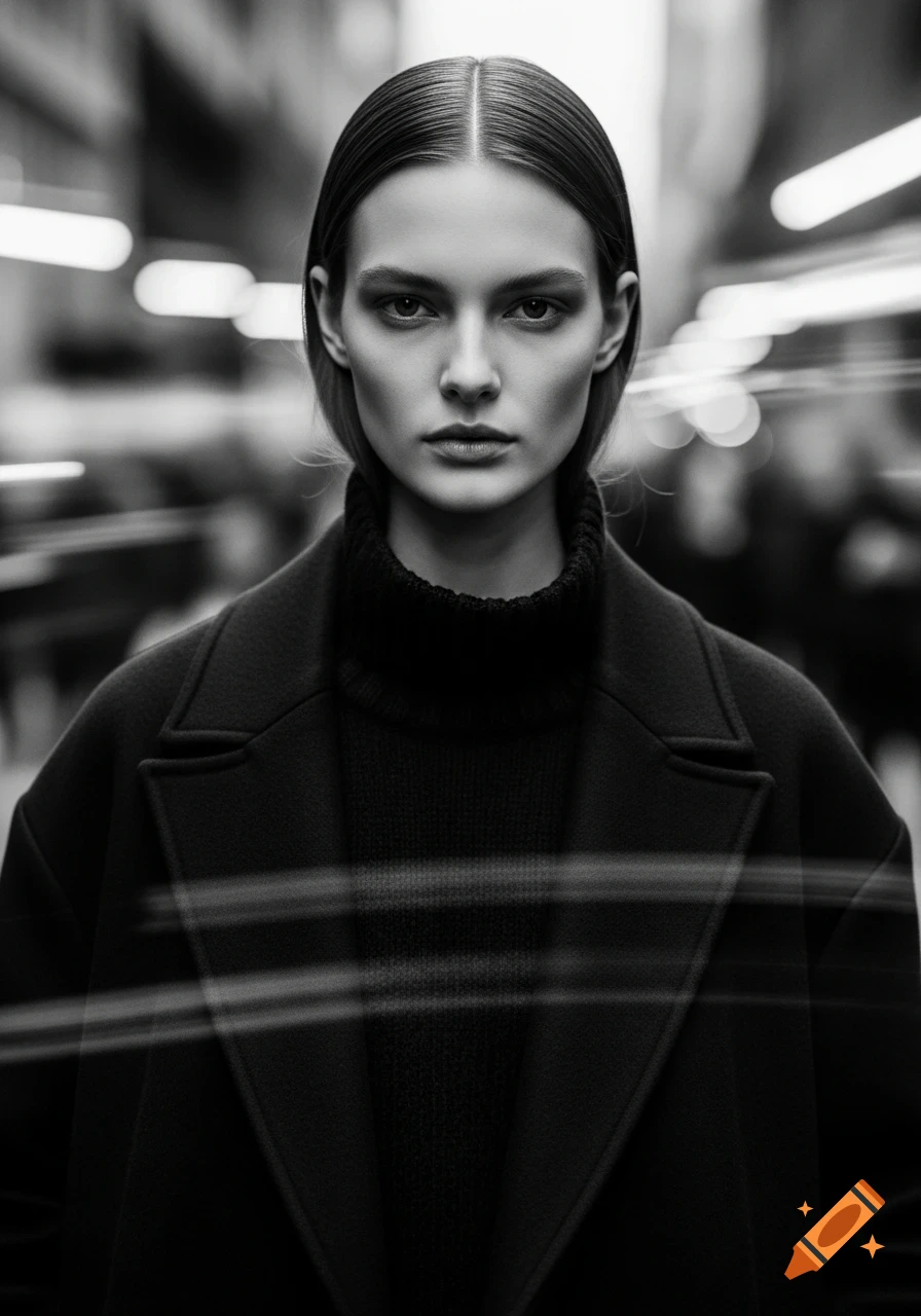 Black and white portrait of a woman with sleek hair and a dark coat, gazing directly. Blurred urban background with light streaks.