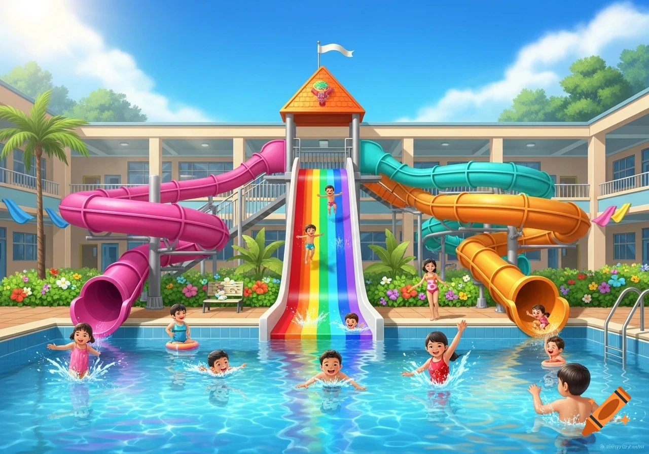 Vibrant cartoon illustration of children playing in a water park with colorful slides and a swimming pool.