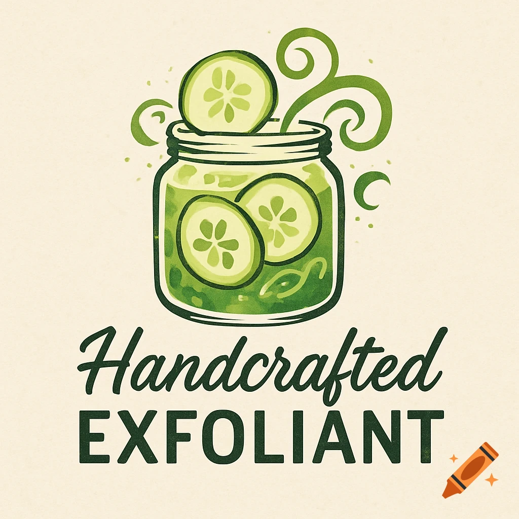 Green logo illustration featuring a mason jar with cucumber slices and text 'Handcrafted EXFOLIANT'.