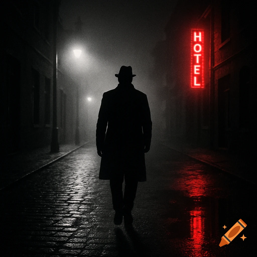 A man in a trench coat and hat walks down a dark, foggy street with a red neon 'HOTEL' sign and wet cobblestones, in film noir style.