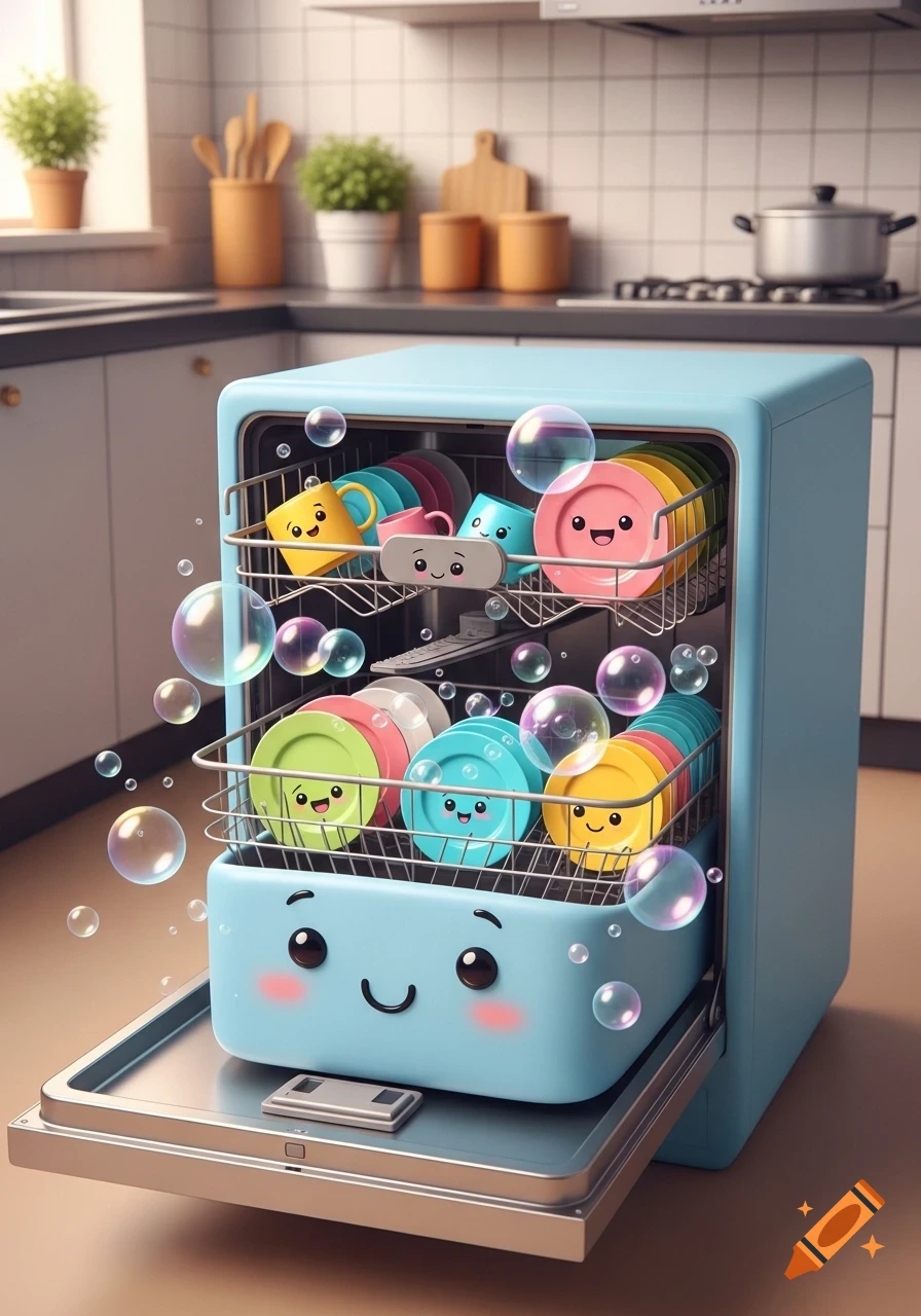 A cute cartoon light blue dishwasher with happy-faced colorful dishes and bubbles inside, set in a kitchen.