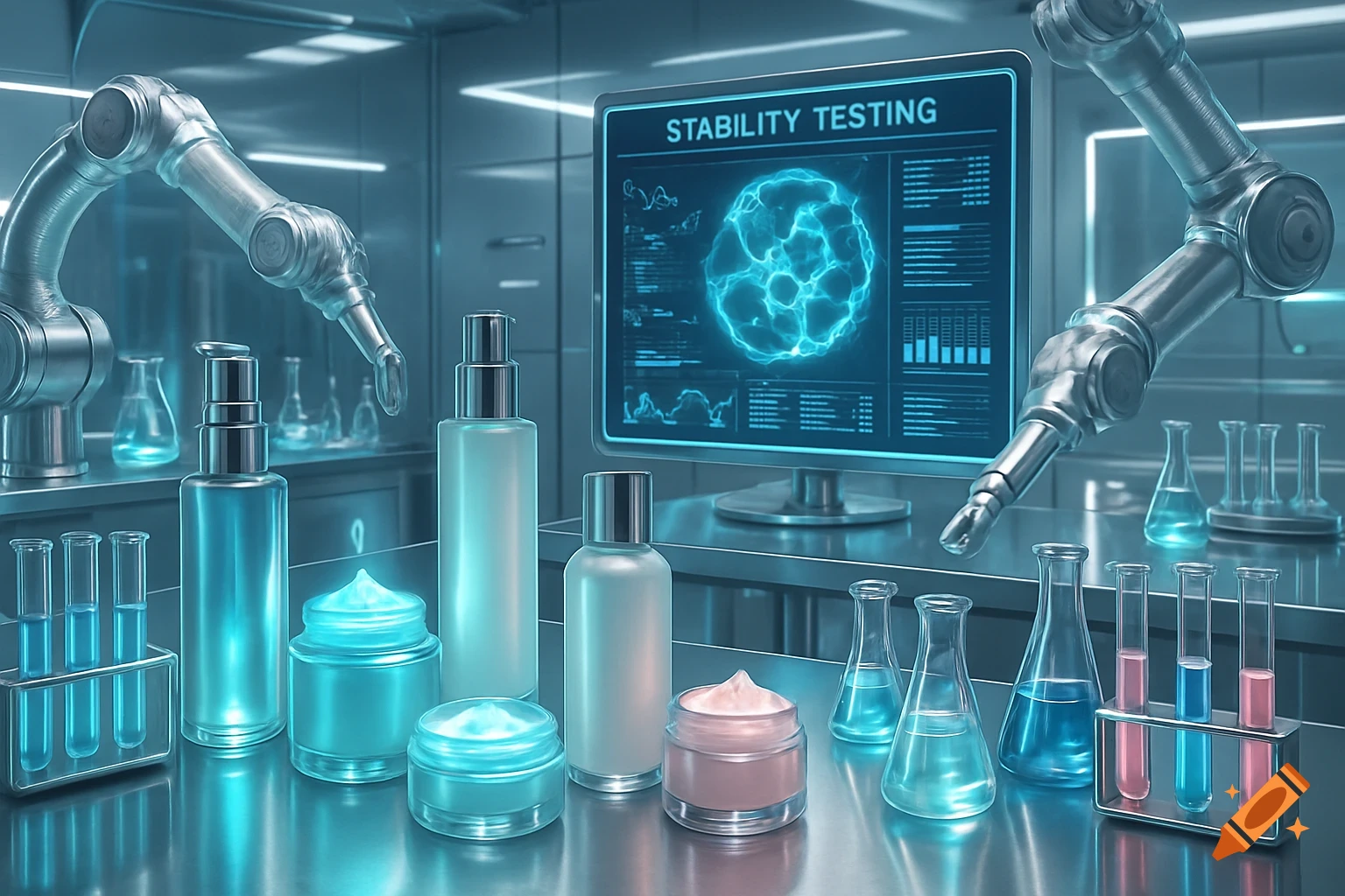 A futuristic laboratory with robotic arms, cosmetic bottles, cream jars, test tubes, and a monitor displaying "STABILITY TESTING".