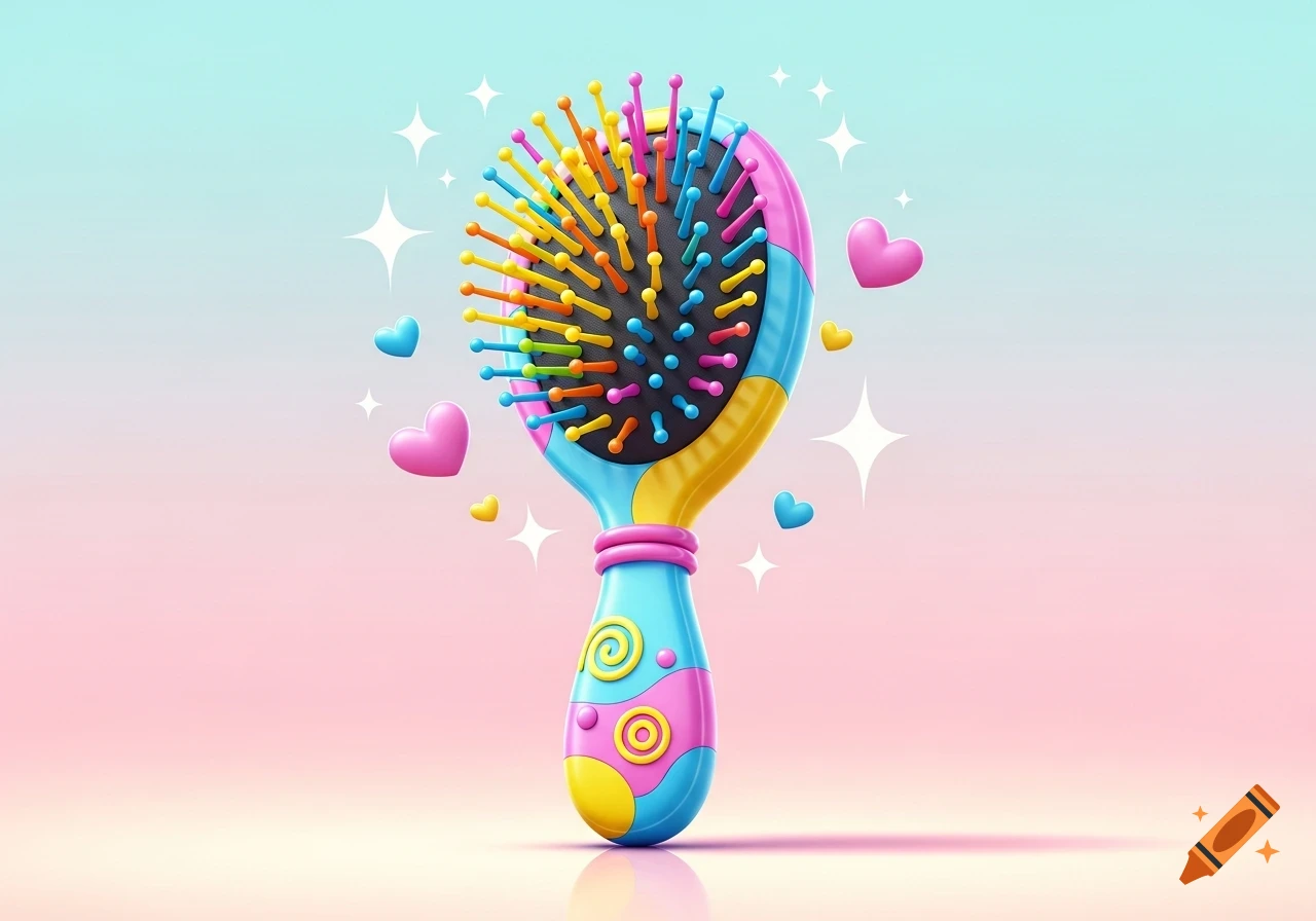 A bright, colorful cartoon hairbrush with sparkling elements and hearts on a pastel background.