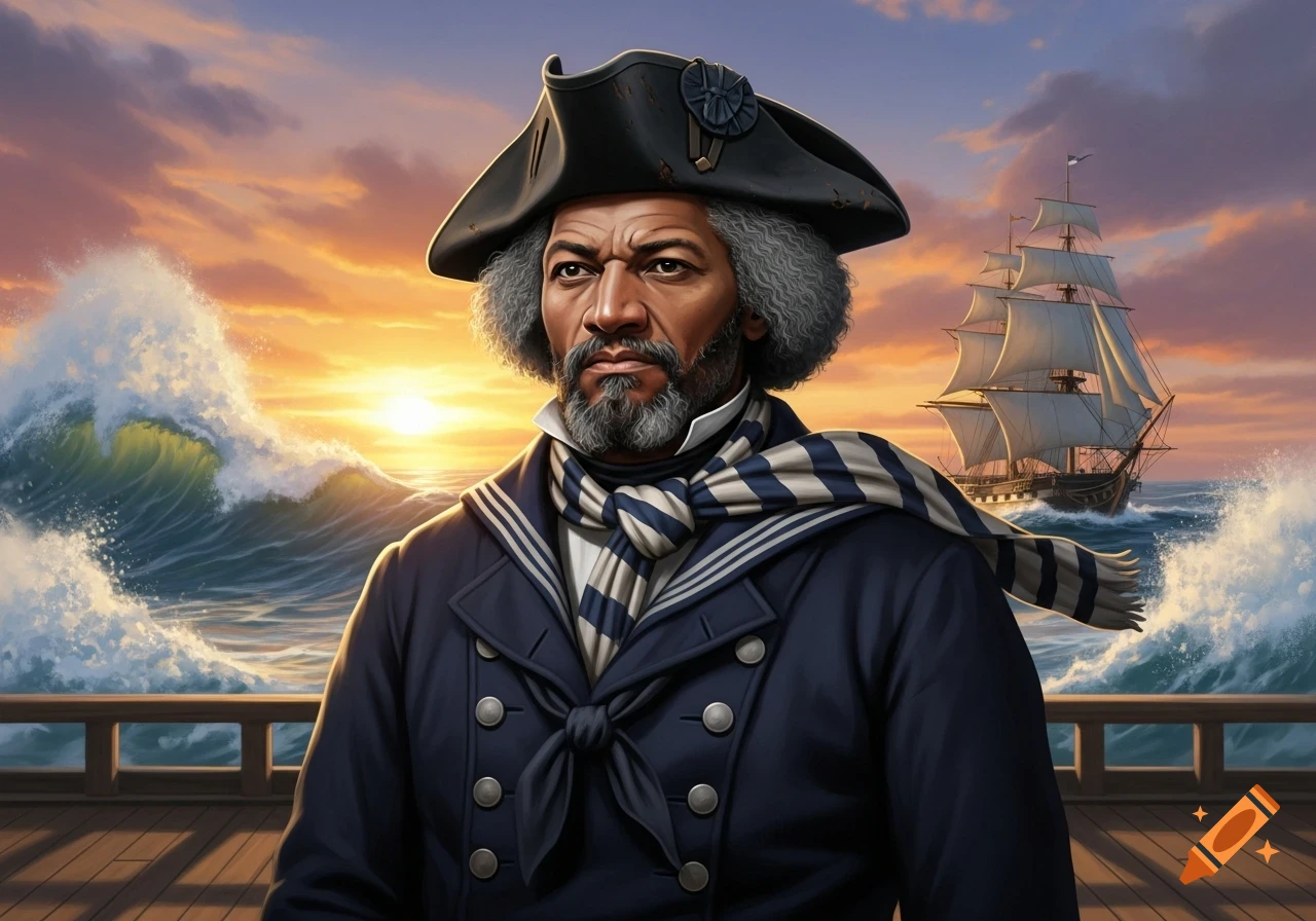 Portrait of Fredrick Douglass as a stern sailor on a ship's deck at sunset, with a tall ship and waves in the background.