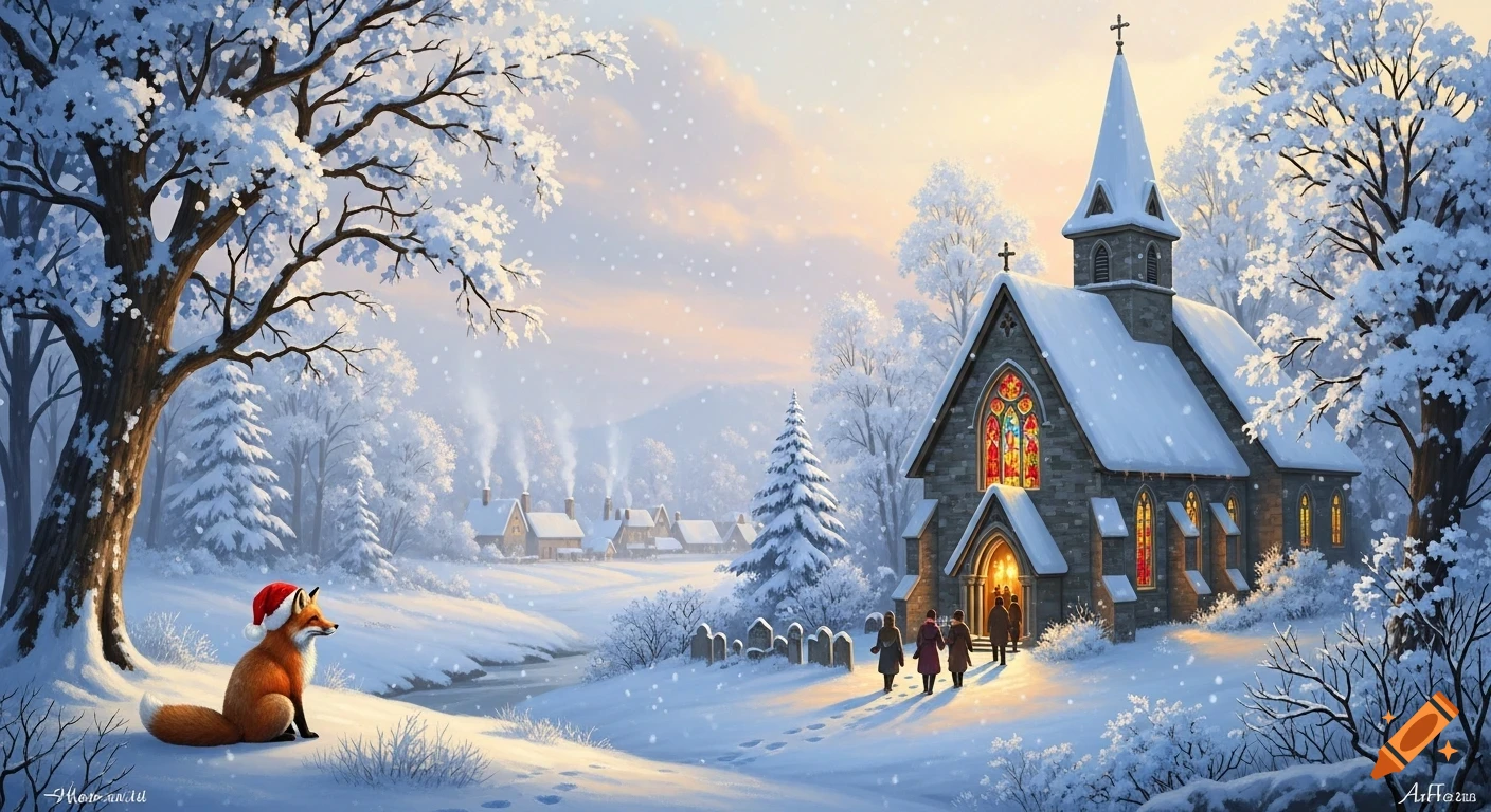 A serene snowy winter landscape with a stone church, people entering, a red fox wearing a Santa hat, and a village in the background.