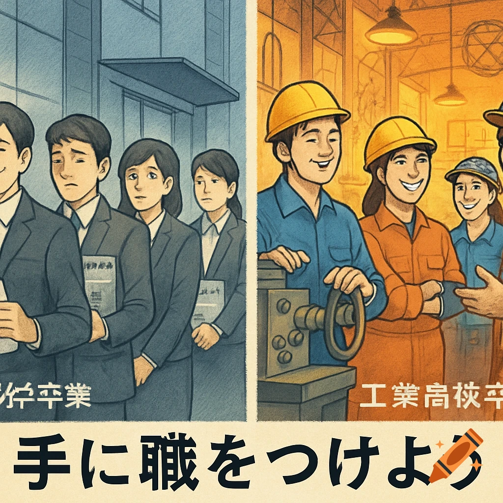 Split illustration: left, anxious university graduates in suits; right, smiling technical high school graduates in uniforms in a factory. Japanese text at bottom and above groups.