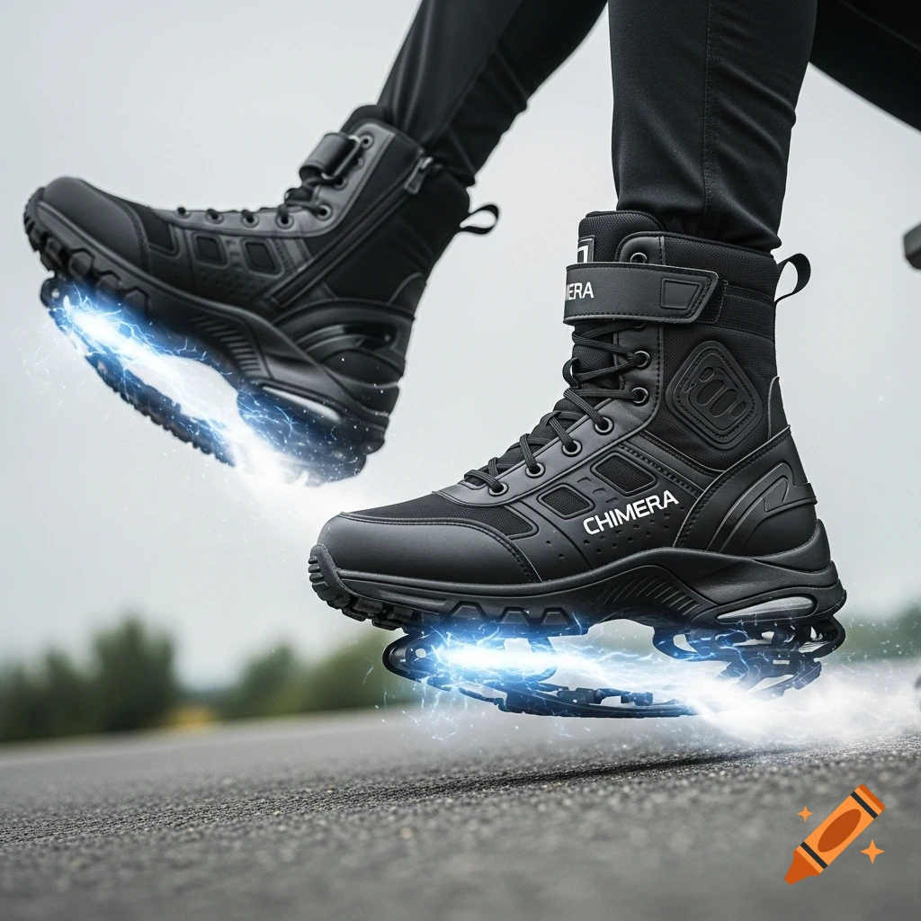 Close-up of black high-tech boots with 'CHIMERA' logo, emitting blue energy and hovering over an asphalt road. Photorealistic.