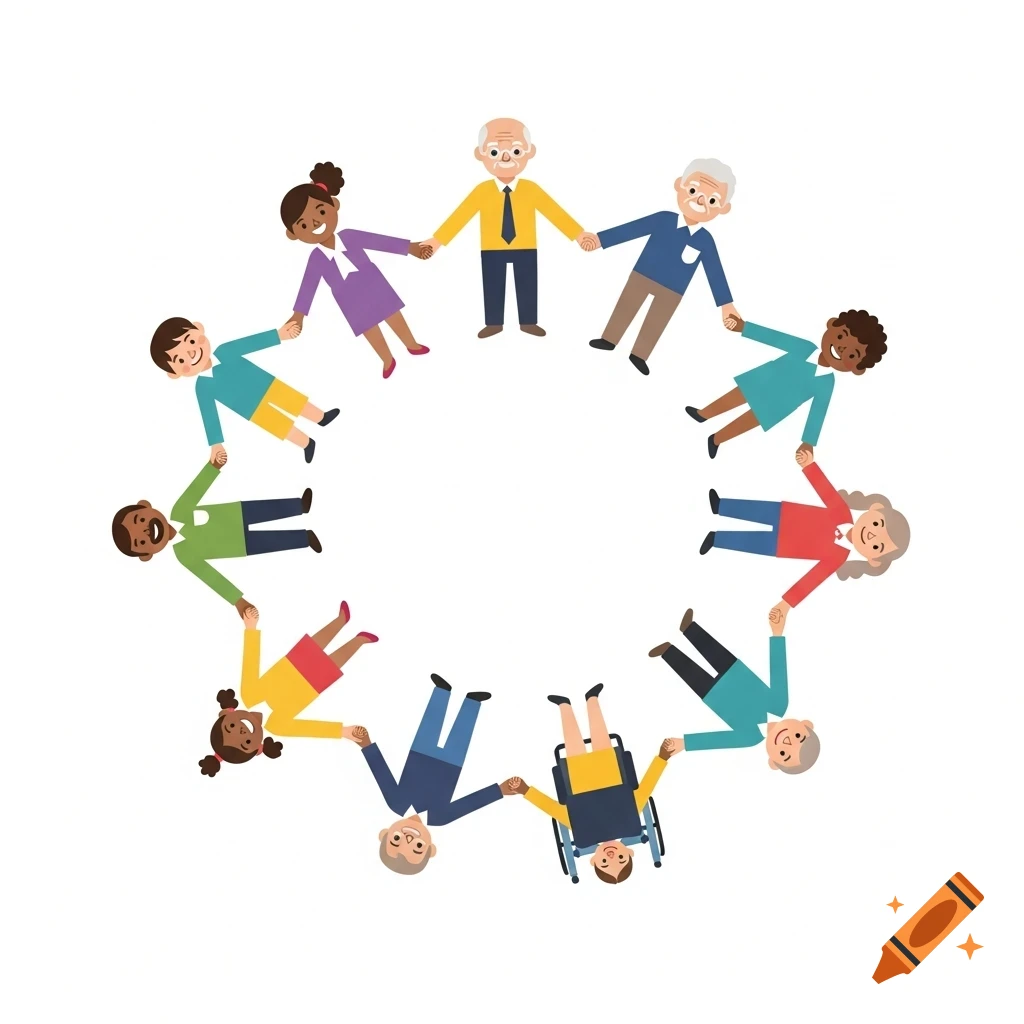 A flat illustration of diverse people, including children, adults, seniors, and a person in a wheelchair, holding hands in a circle on a white background, symbolizing unity and community.