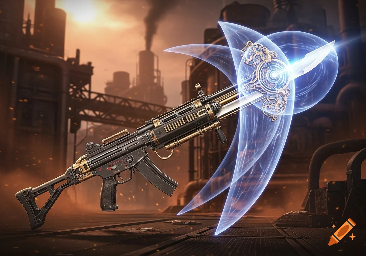 A steampunk-style gunblade with an ornate hilt and glowing blue energy blade, set against an industrial factory background at sunset.