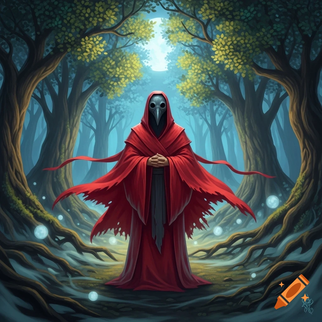 A figure in flowing red robes and a plague doctor crow mask stands in a mysterious forest at night, illuminated by moonlight.