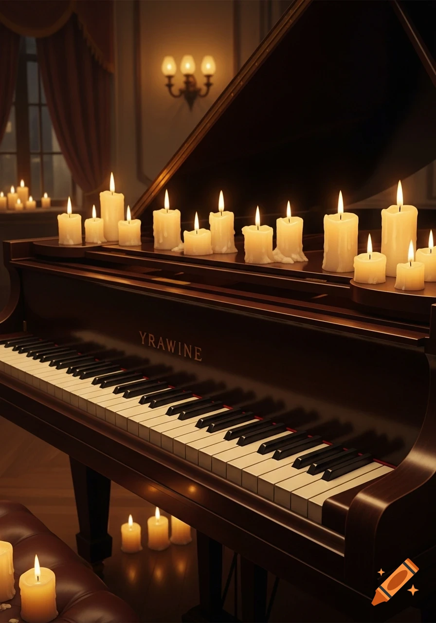 A grand piano adorned with many lit white candles, casting a warm glow in a classical, dimly lit room.