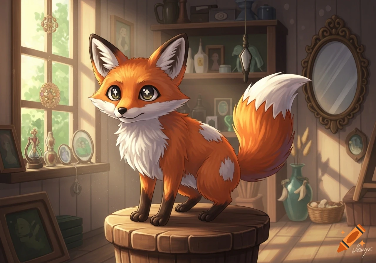 A cute, orange and white anime-style fox sits on a wooden stool in a sunlit room filled with various decorative objects.