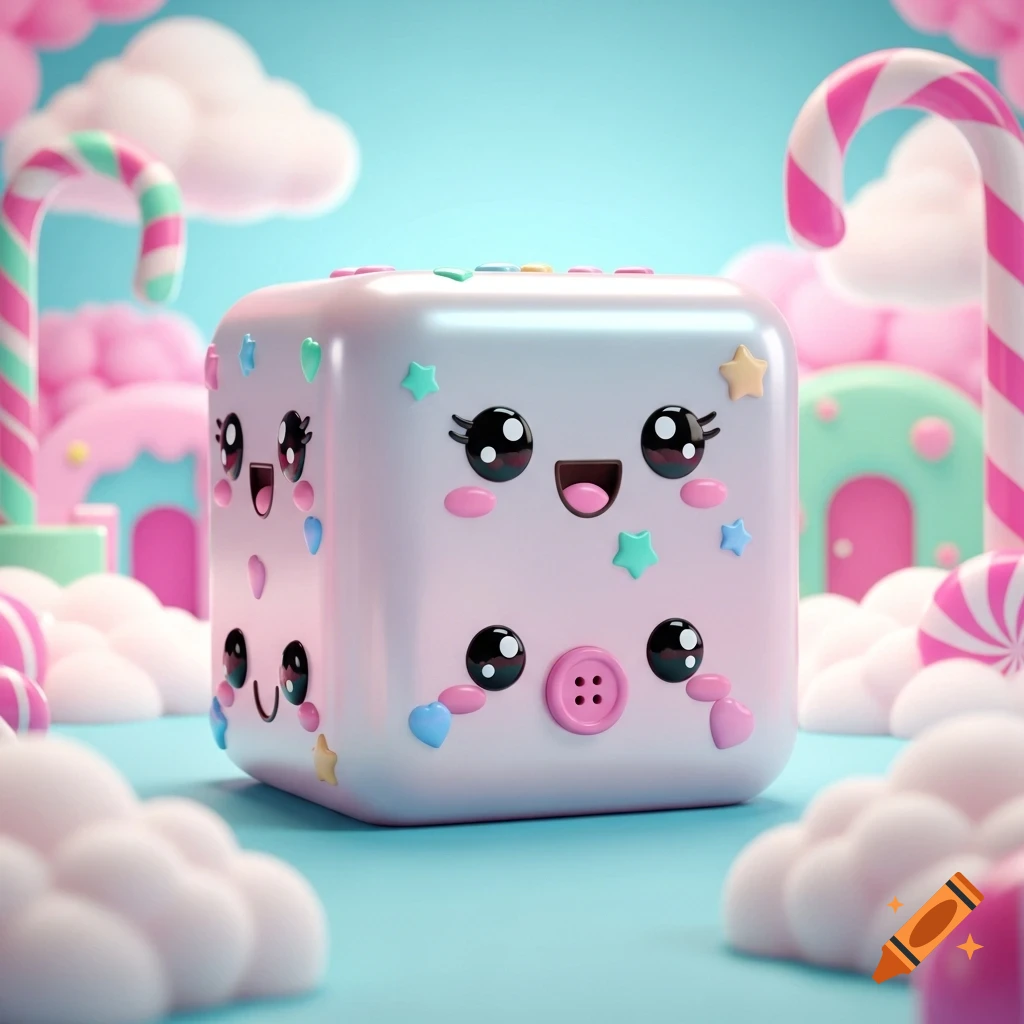 A cute, light pink cube character with big black eyes and an open mouth, surrounded by colorful candy canes and fluffy clouds in a whimsical, pastel wonderland.