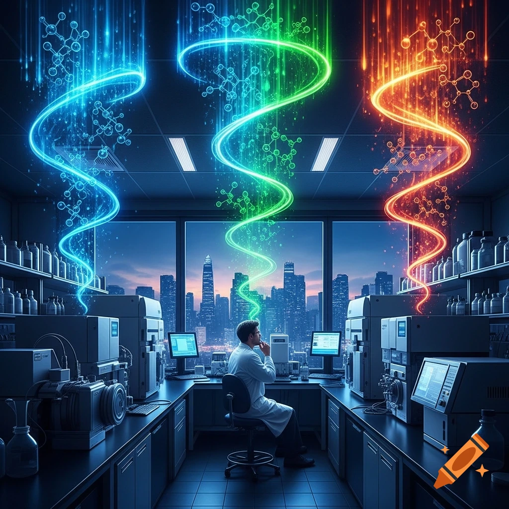 A scientist in a lab coat sits at a desk in a futuristic laboratory with glowing molecular structures and data streams above, overlooking a city skyline.