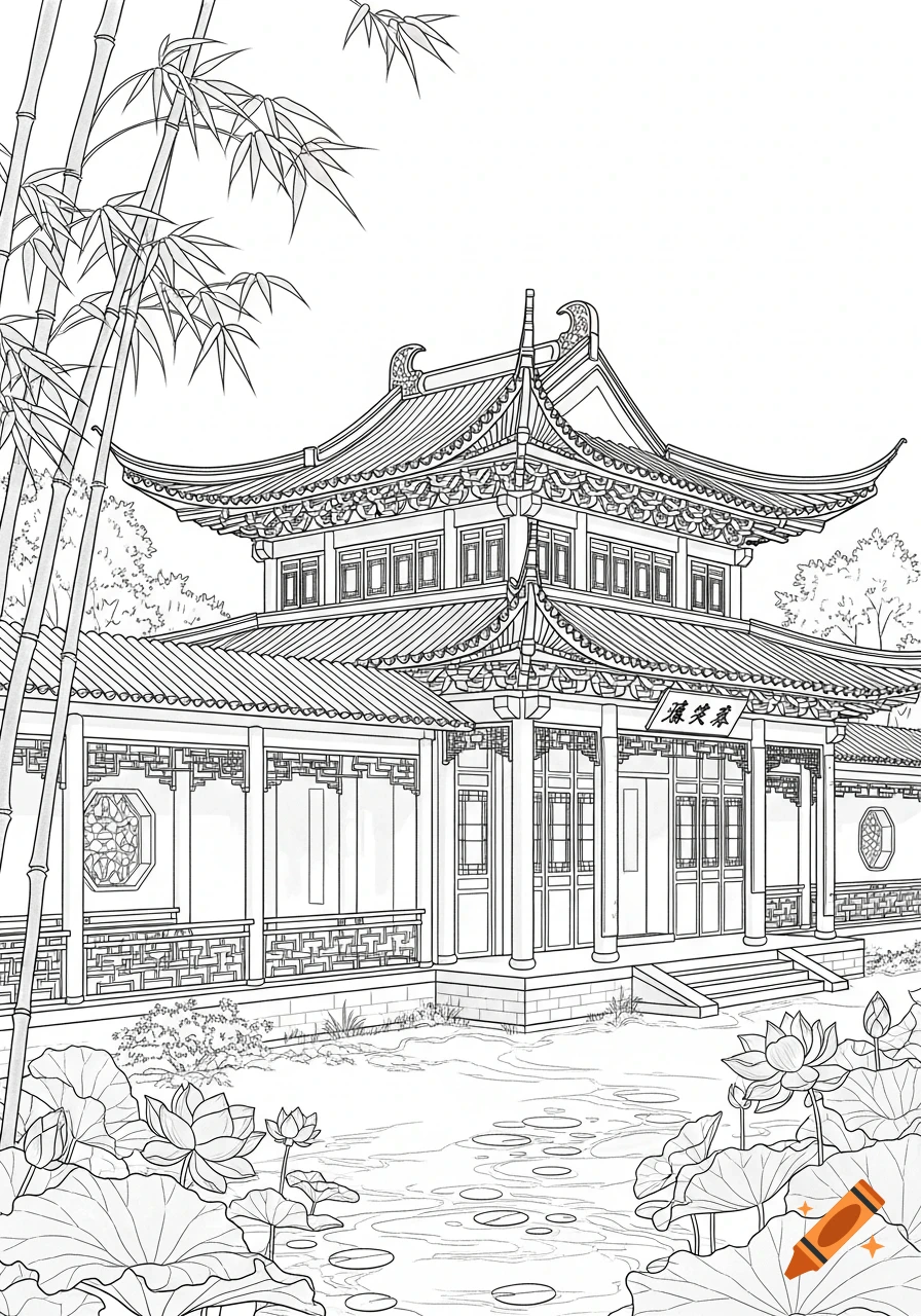 Detailed black and white line drawing of a classic two-story Chinese building with bamboo and lotus flowers.