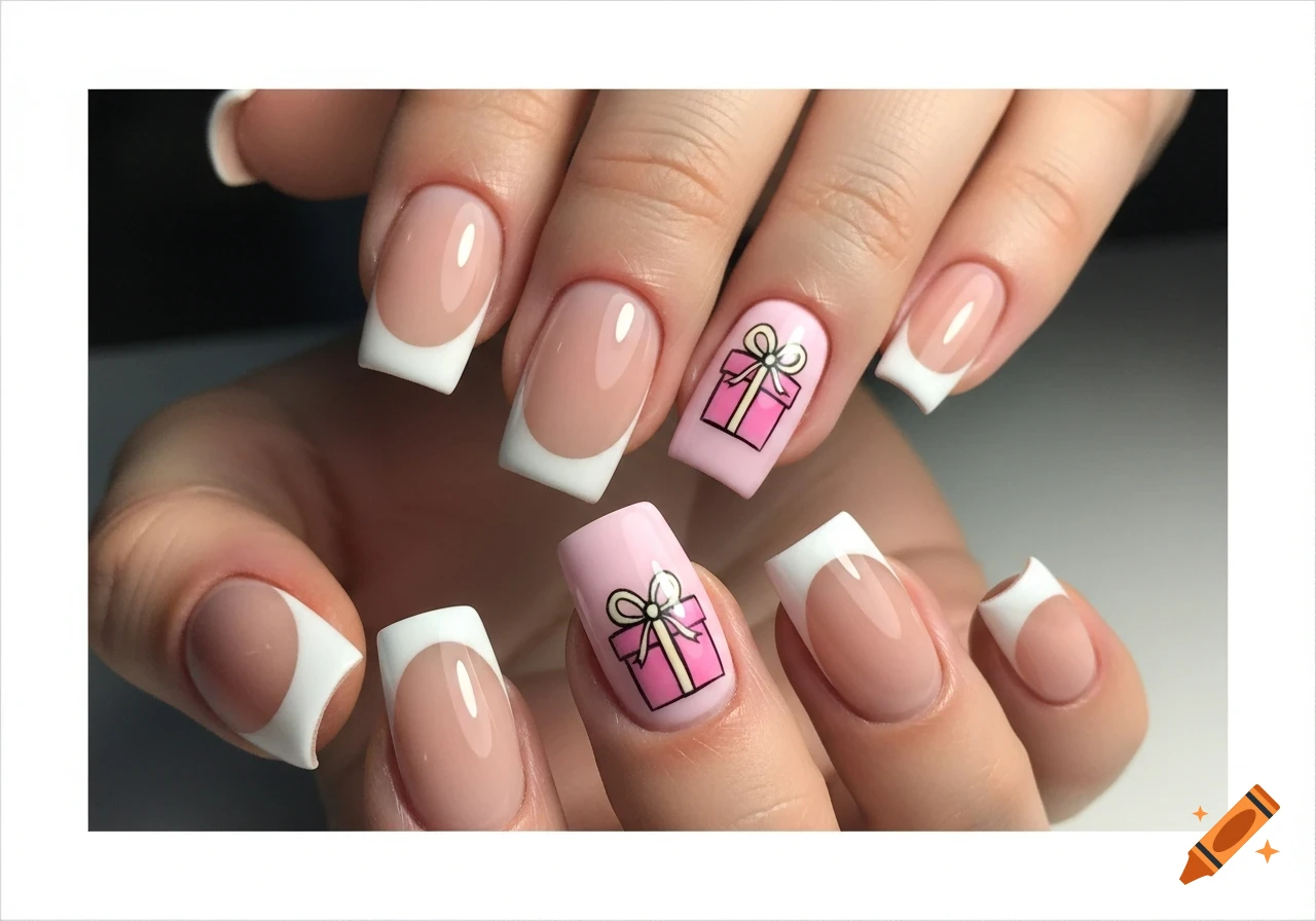 Close-up of a feminine hand with square acrylic nails featuring nude bases, white French tips, and two accent nails with pink gift box designs.