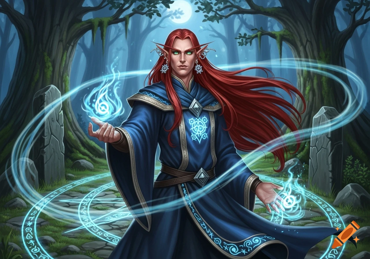 A male high elf wizard with long red hair in a blue robe casts glowing blue magic in a moonlit forest.