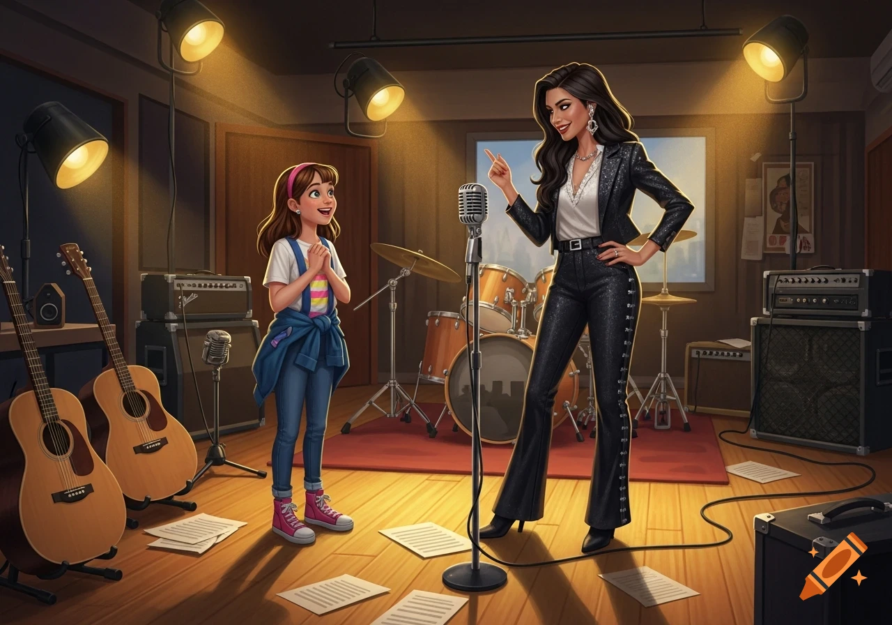A smiling young girl with a pink headband meets a glamorous black-haired pop singer in a brightly lit music rehearsal room with guitars and drums.