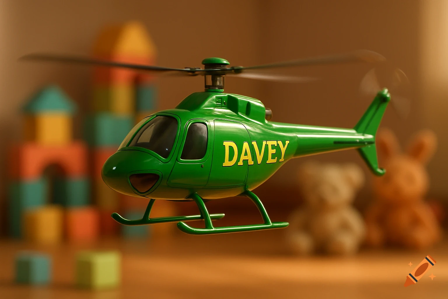 A photorealistic green toy helicopter with 'DAVEY' written on its side, with spinning blades, in a softly lit room with blurred toys in the background.