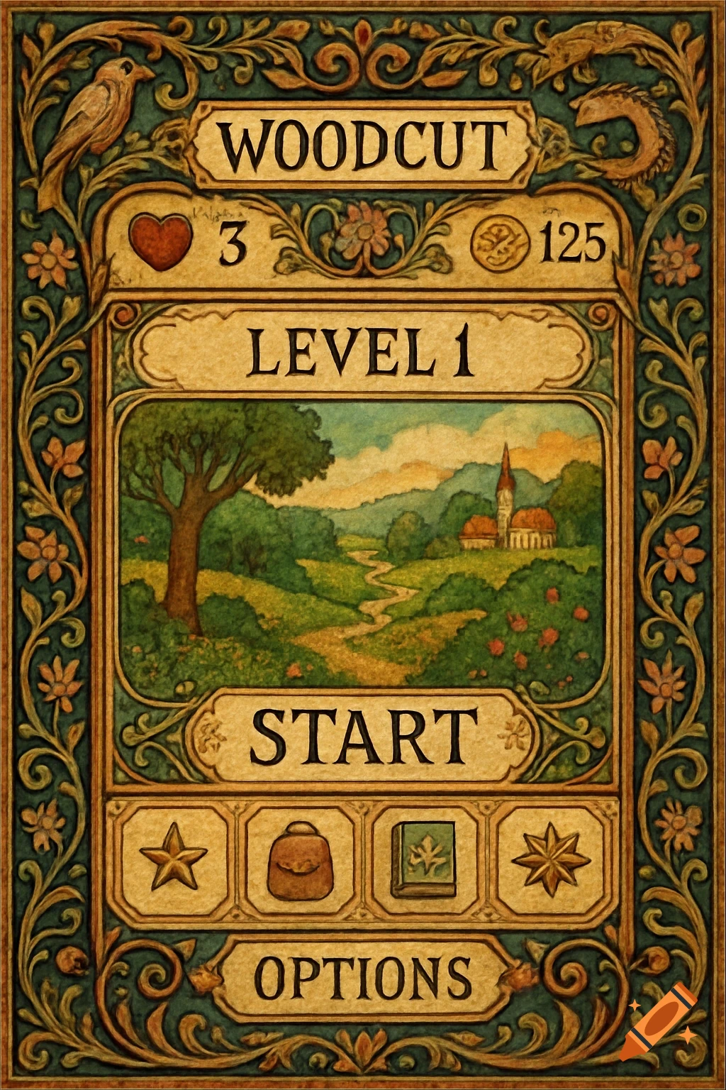 Fantasy game UI in early 1900s folk art illustration style, featuring text like 'WOODCUT', 'LEVEL 1', and a landscape.