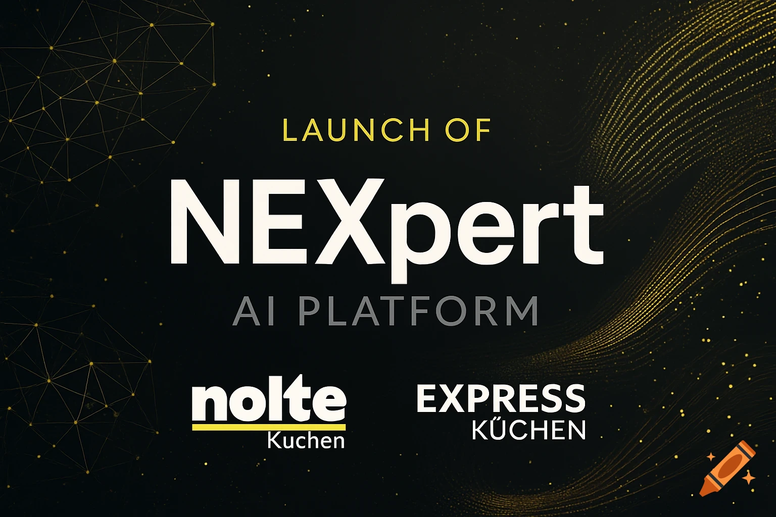 Corporate announcement for the NEXpert AI platform launch with Nolte Küchen and Express Küchen logos, featuring abstract digital patterns.