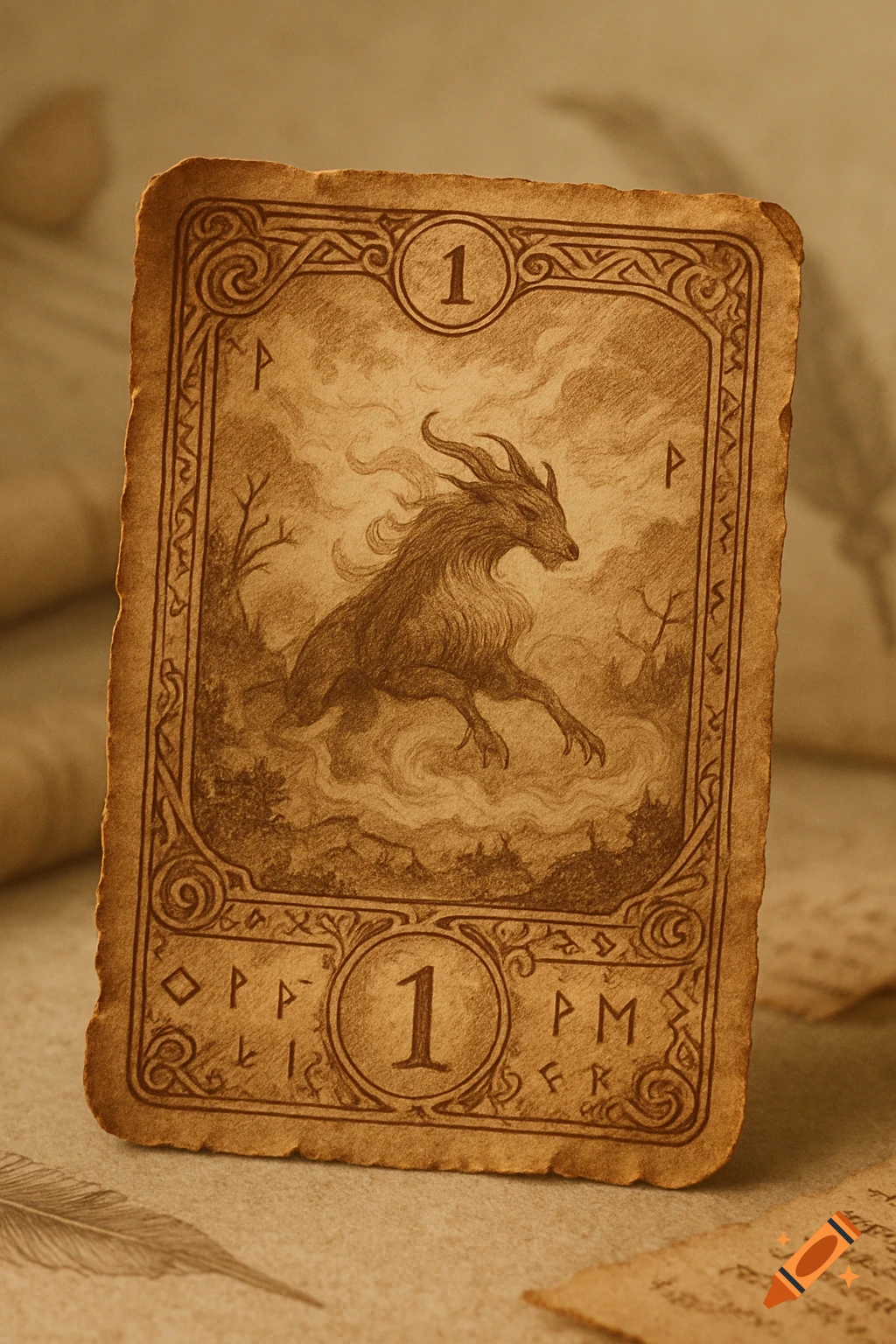Vintage fantasy trading card with a horned creature illustration, sepia tones on aged parchment, number 1 and decorative runes.