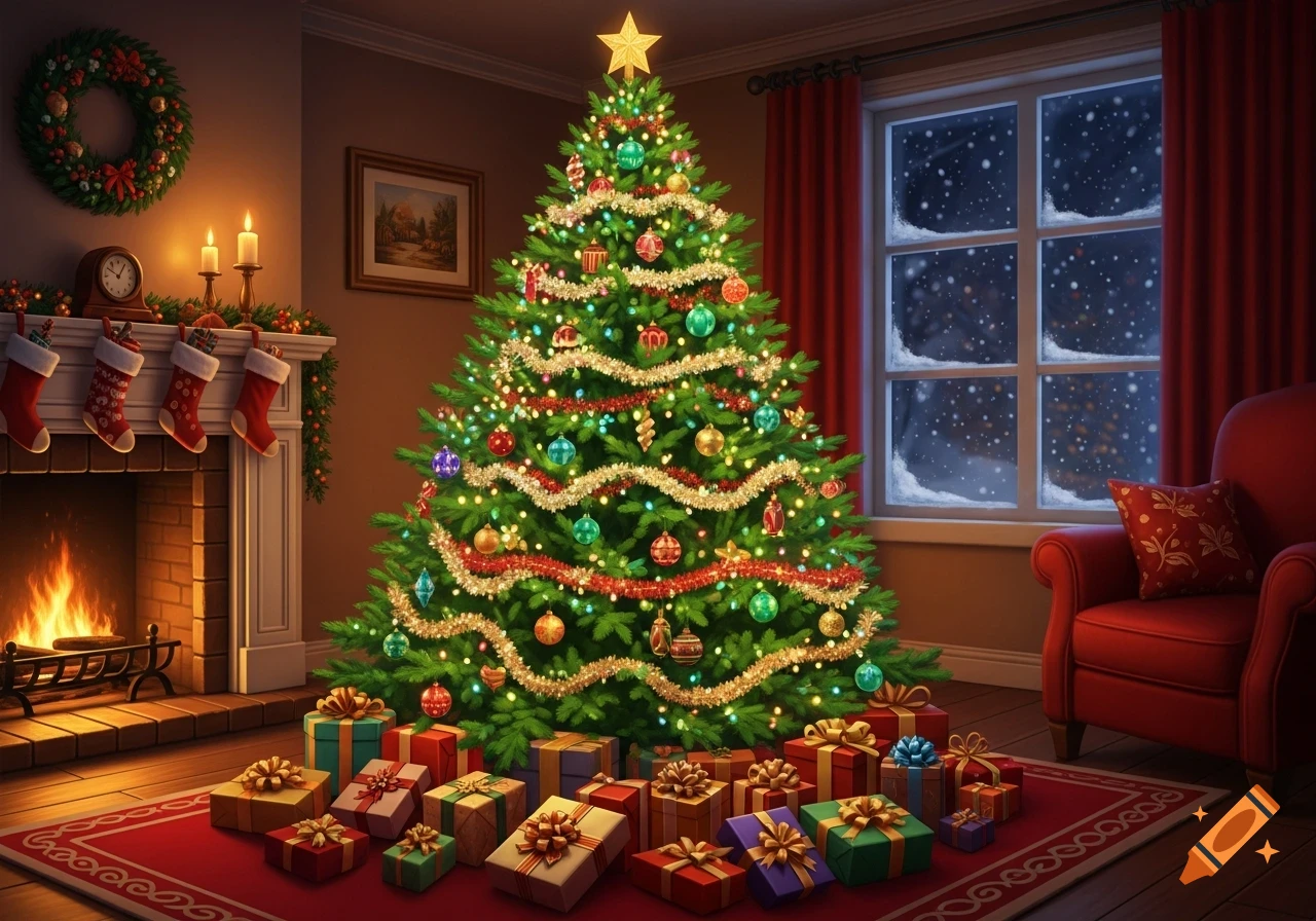 A festive Christmas tree with colorful lights and ornaments, surrounded by wrapped gifts in a cozy room with a fireplace and snowy window.