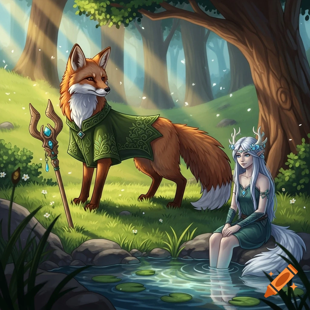 A stylized fantasy illustration of a fox in a green tunic holding a staff, standing next to an elf-like woman with long white hair and antlers sitting by a pond in a sunny forest.