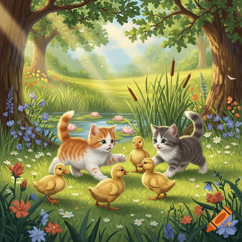 Two cartoon kittens playing with four ducklings in a sunny, flower-filled forest clearing with a pond, in an illustration style.