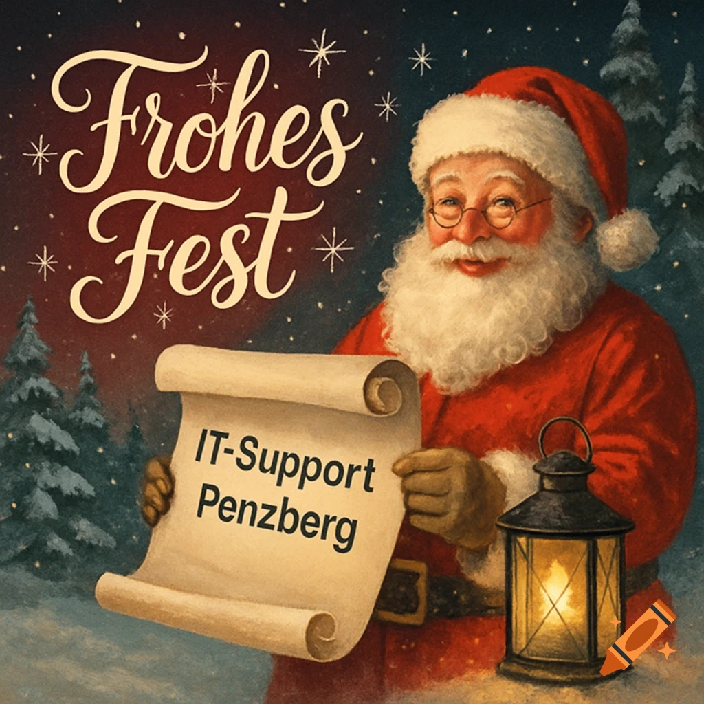 Santa Claus in a snowy forest scene, holding a scroll with "IT-Support Penzberg." "Frohes Fest" is written above, vintage illustration style.