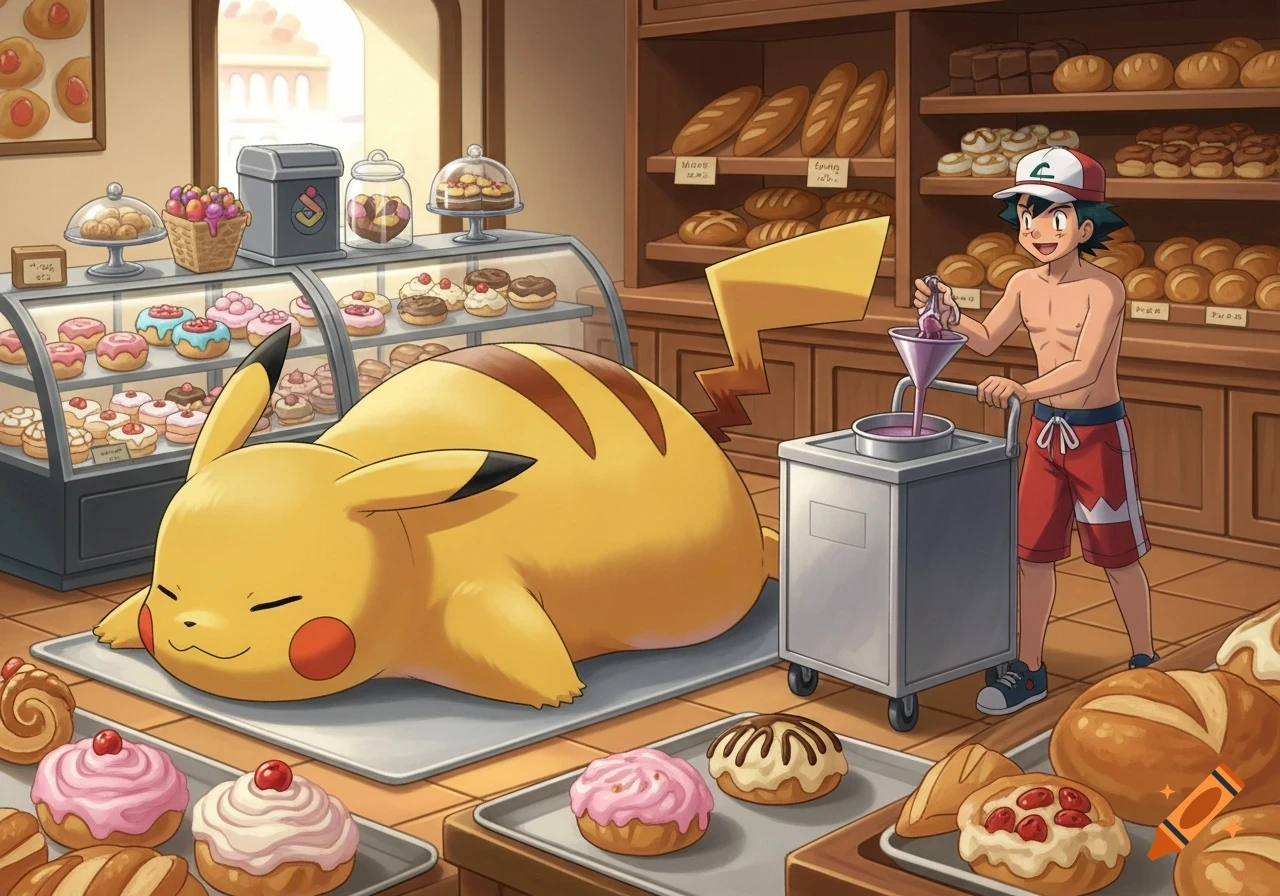 Overfed Pikachu sleeps on a tray in a bakery while shirtless Ash Ketchum pours liquid from a funnel into a cart. Anime style.