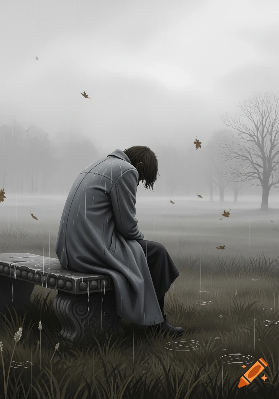 A person in a long coat sits alone on a stone bench in the rain, looking down, amidst a foggy park with fallen leaves.