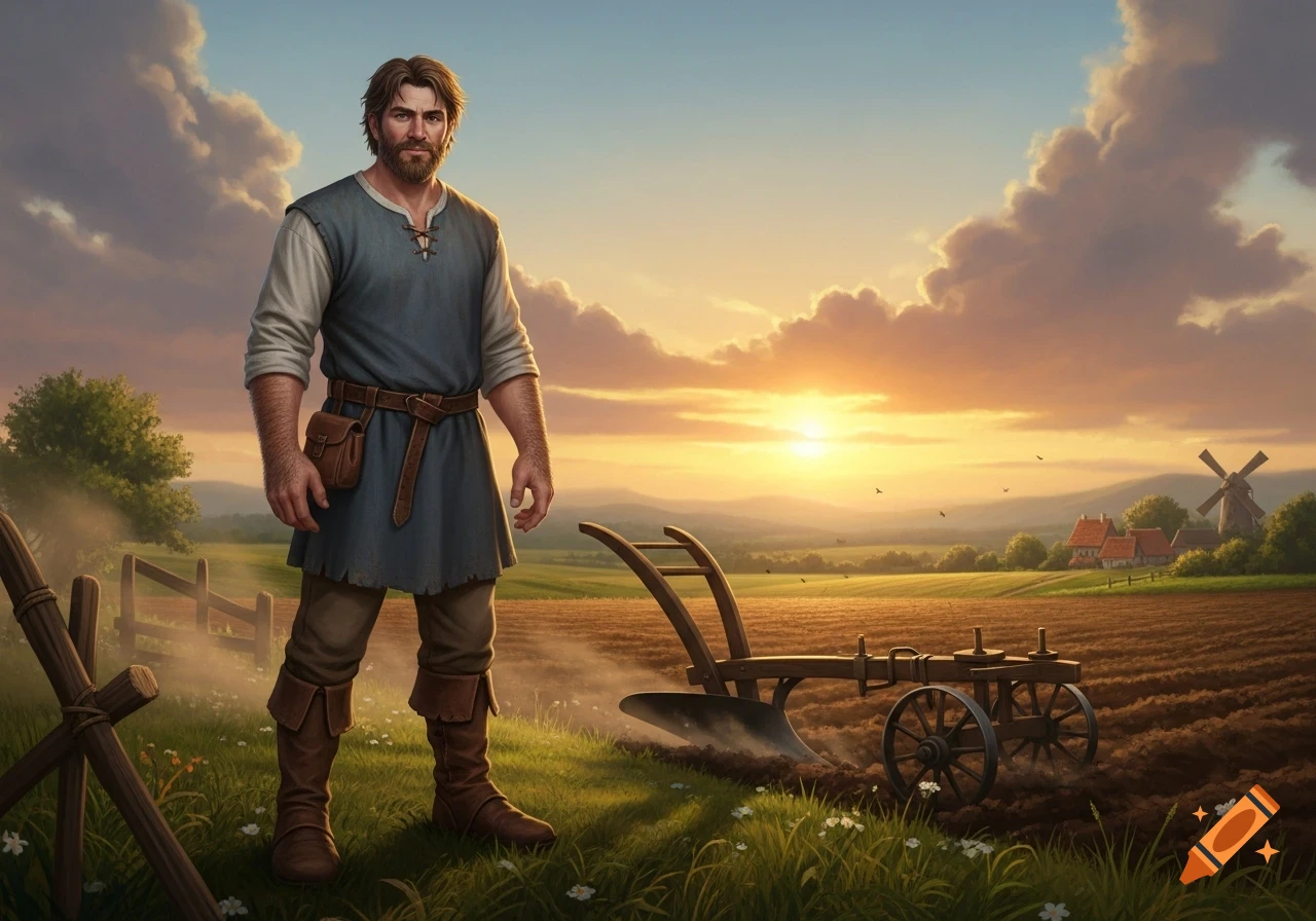 A man in medieval clothes stands next to a plow in a tilled field at sunset, with a village and windmill in the distance.