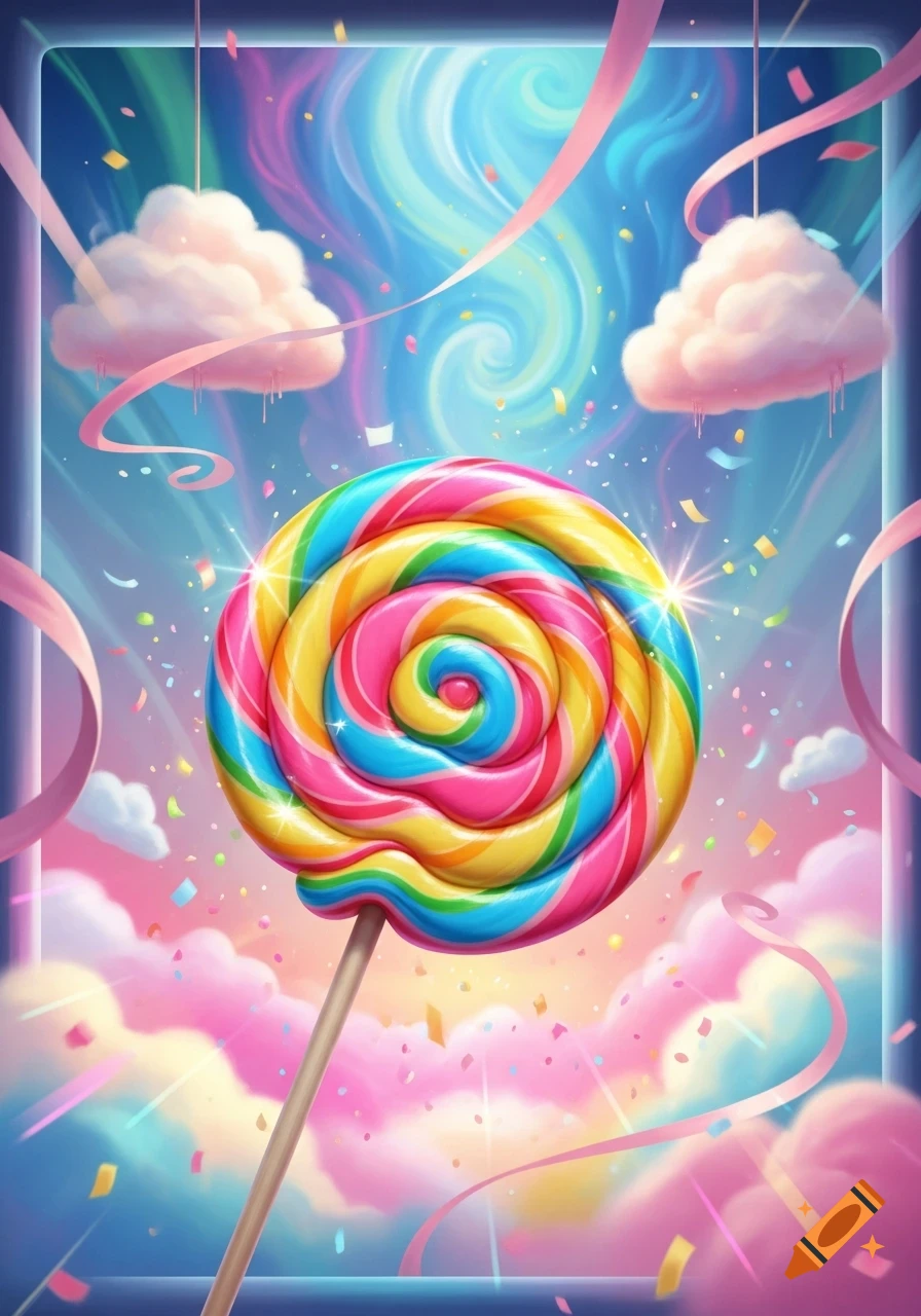 A vibrant, rainbow-swirl lollipop stands against a pastel sky filled with pink clouds, ribbons, and falling confetti in a whimsical, dreamy style.